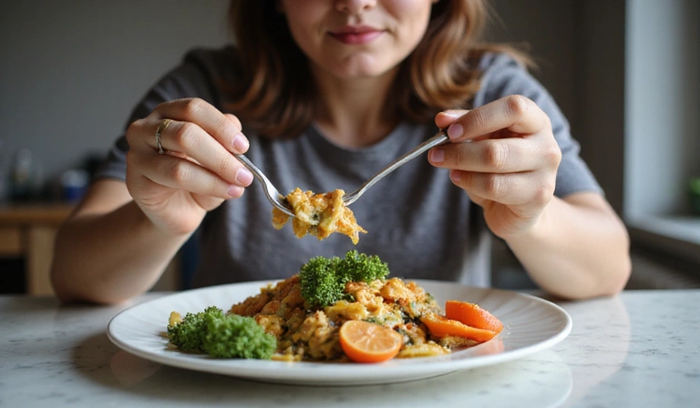 Person mindfully eating a healthy meal, focusing on the food
