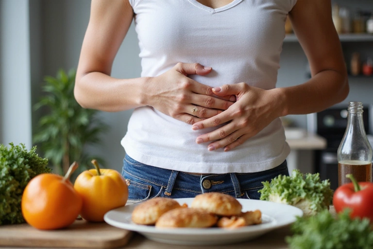 A person holding their stomach in discomfort, with healthy food options in the background.